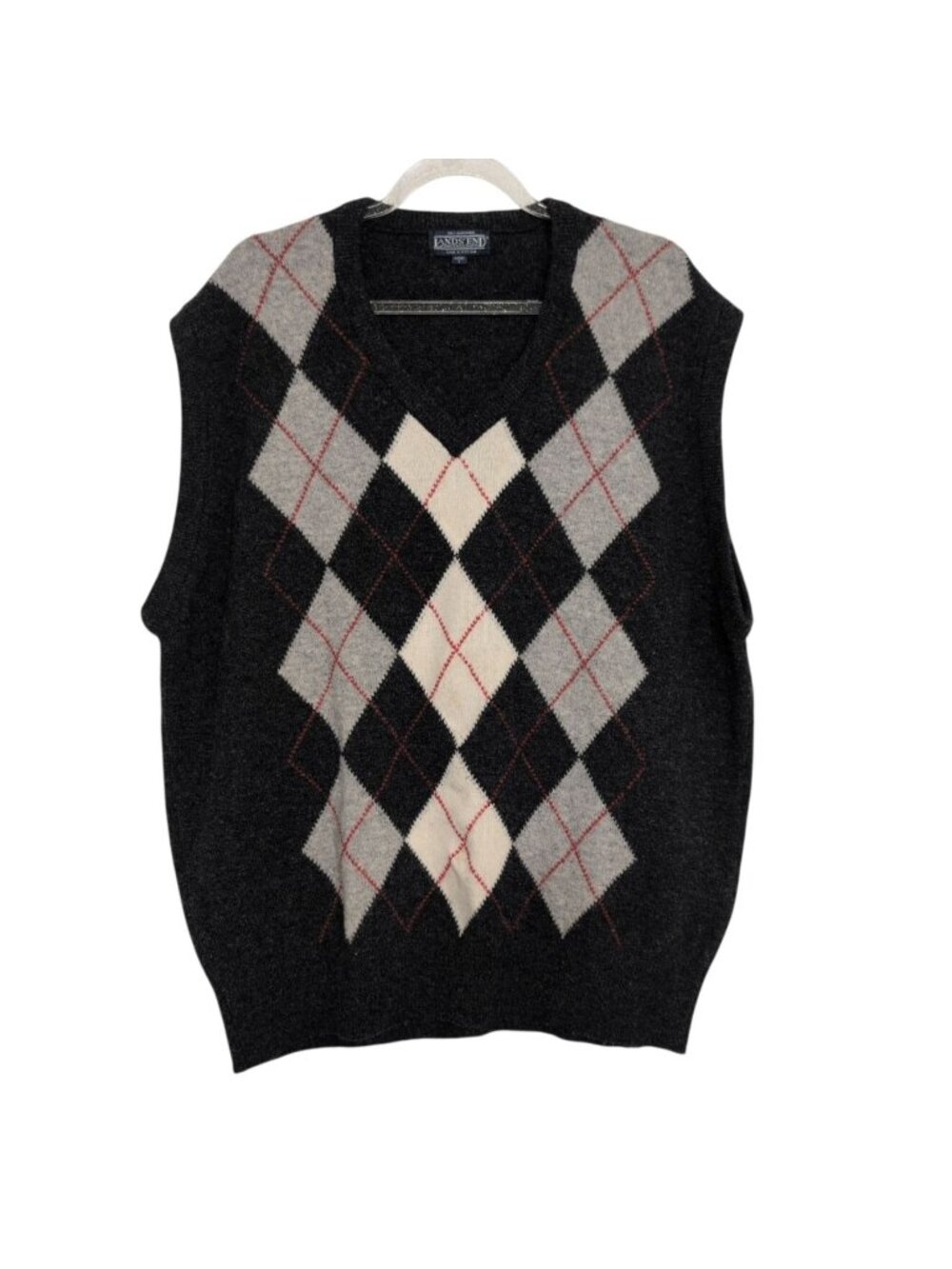 Lands End Argyle Sweater Vest Mens Size Large Gray Lambswool V Neck Academia Pre